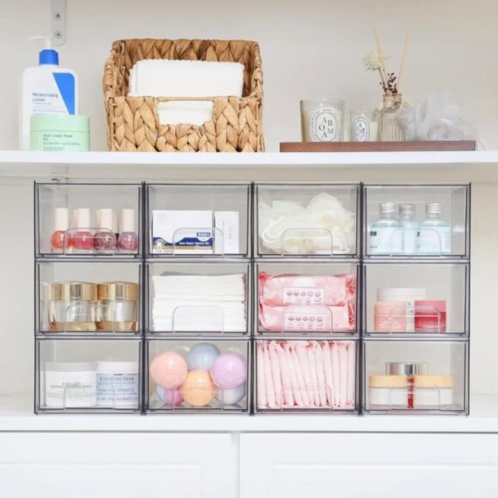 New 4-Pack Clear Stackable Storage Drawers, Acrylic Bins for Bath & Kitchen